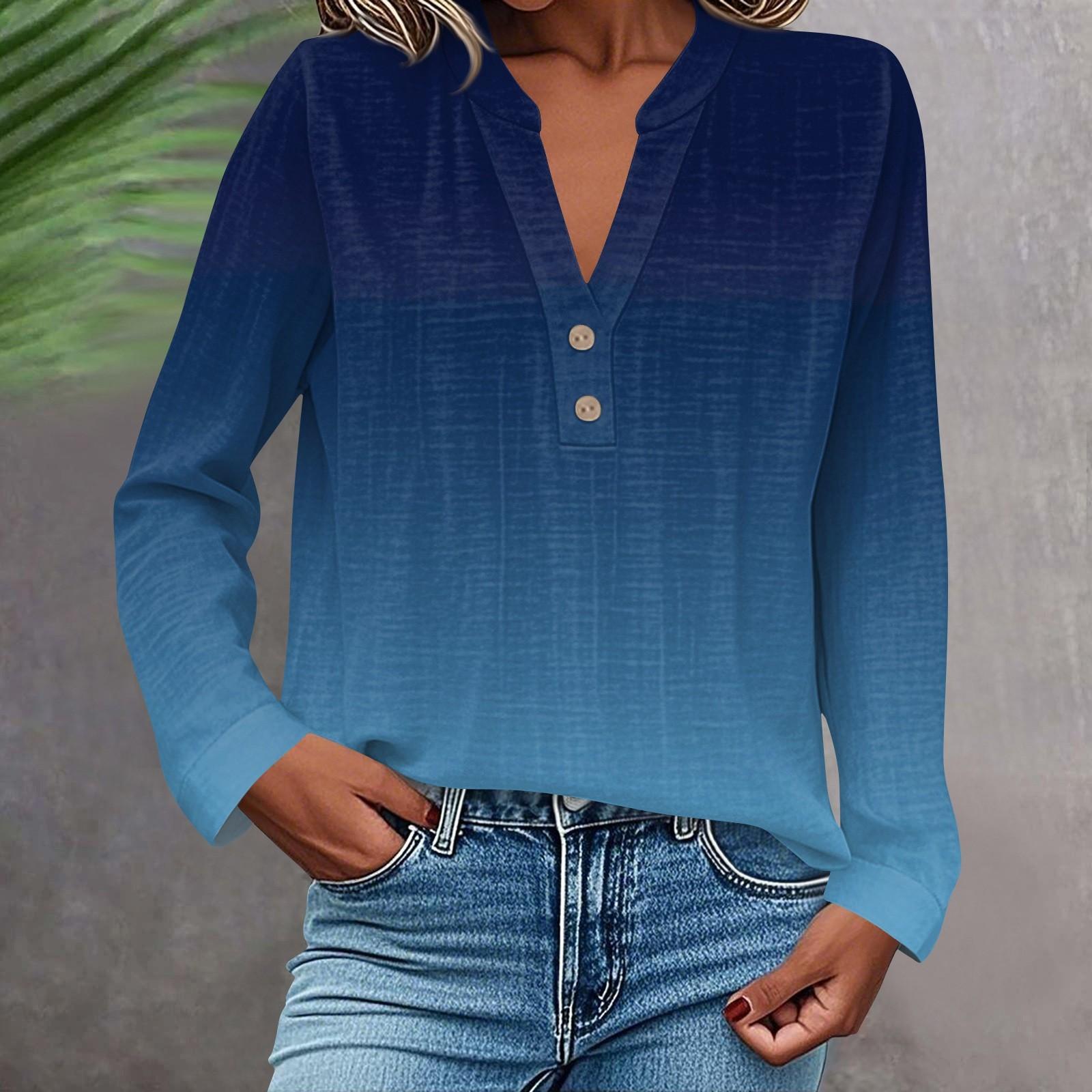 

Женская модная и повседневная рубашка с длинным рукавом, V-образным вырезом, на пуговицах, с принтом, блузка, топ L синий