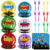 120 Pcs Super Theme Party Plates Cups And Napkins Forks For Comic Heroes Birthday Decorations 'S Action Sign Cityscape