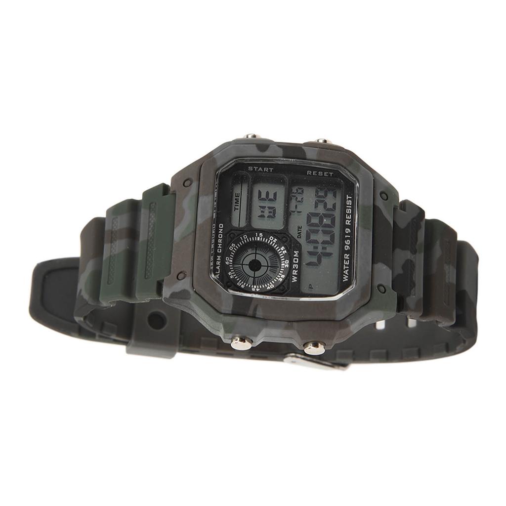 Digital Watch Multi Function Fashion Square Luminous Waterproof Outdoor Sports Chronograph Watch Camouflage Gray