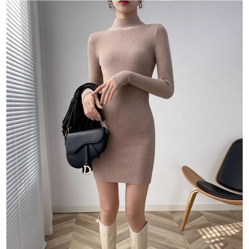 Autumn Winter Women Korean Fashion Simple Ribbed Knitted Dresses Elegant Half High Collar Long Sleeve Slim Basic Sweater Dress