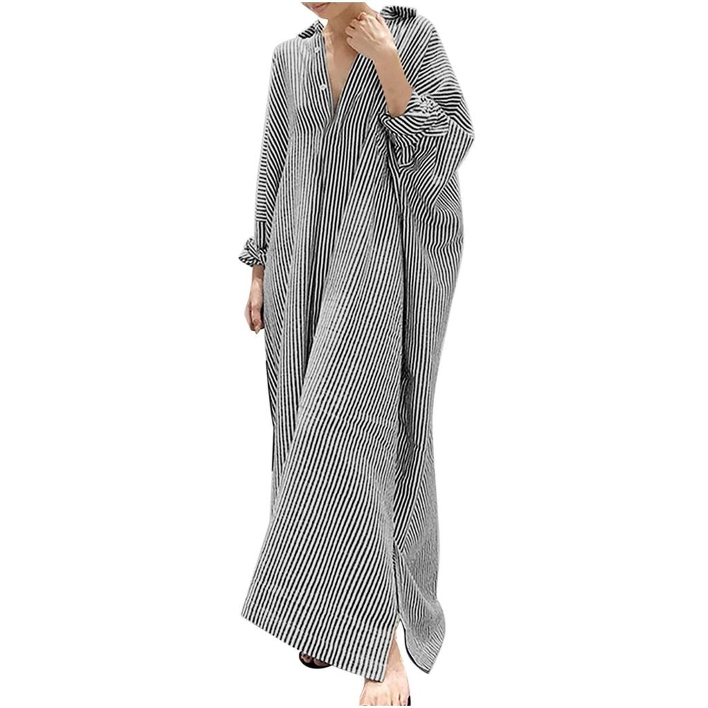 Women's Casual Cotton And Linen Striped Cardigan Loose Temperament Irregular Shirt Dress