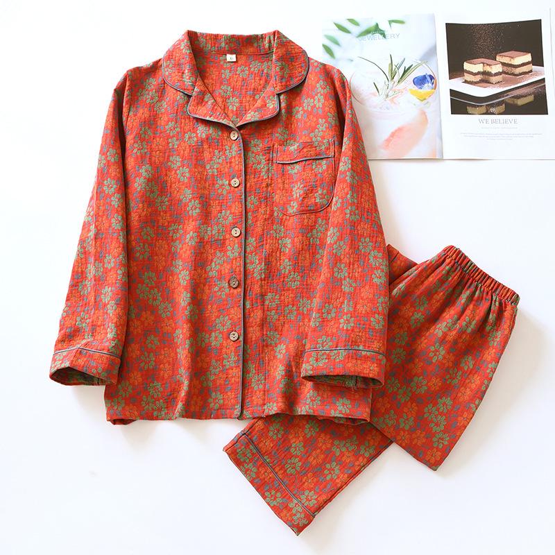 Floral Jacquard Cotton Cardigan & Loungewear Set for Middle-Aged Women