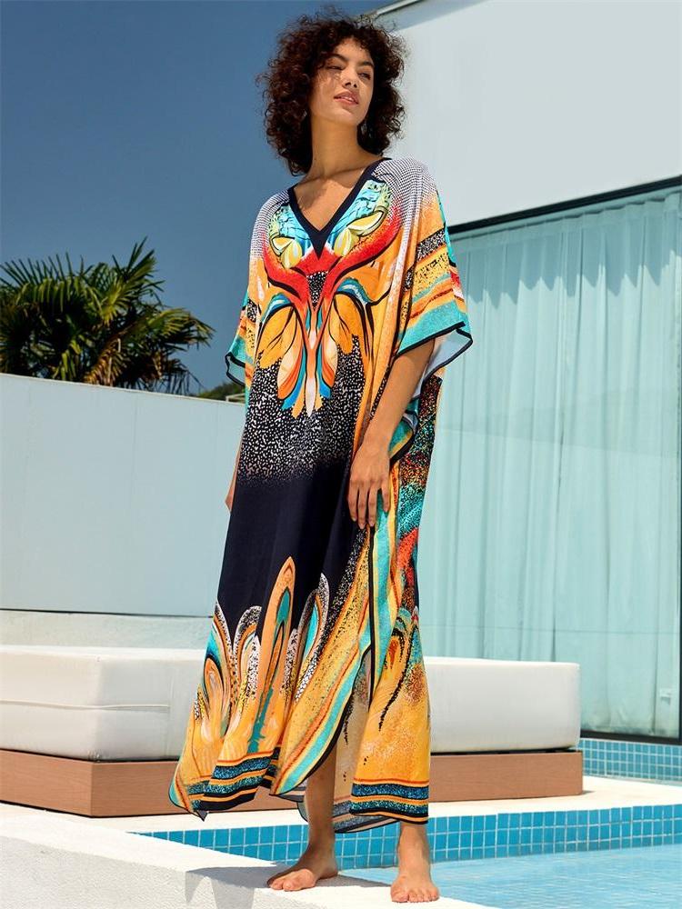 EDOLYNSA 2024 Bohemian Chic Potisk Velké velikosti Netopýří rukáv Kaftan Ženy Letní dovolená Plážové šaty Plavky Zahalení Volný župan