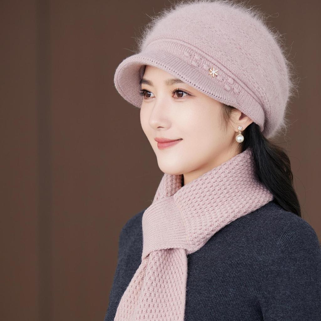 Rabbit fur knitted hat women's winter velvet warm mother hat in the elderly foreign gas wool hat scarf gloves set