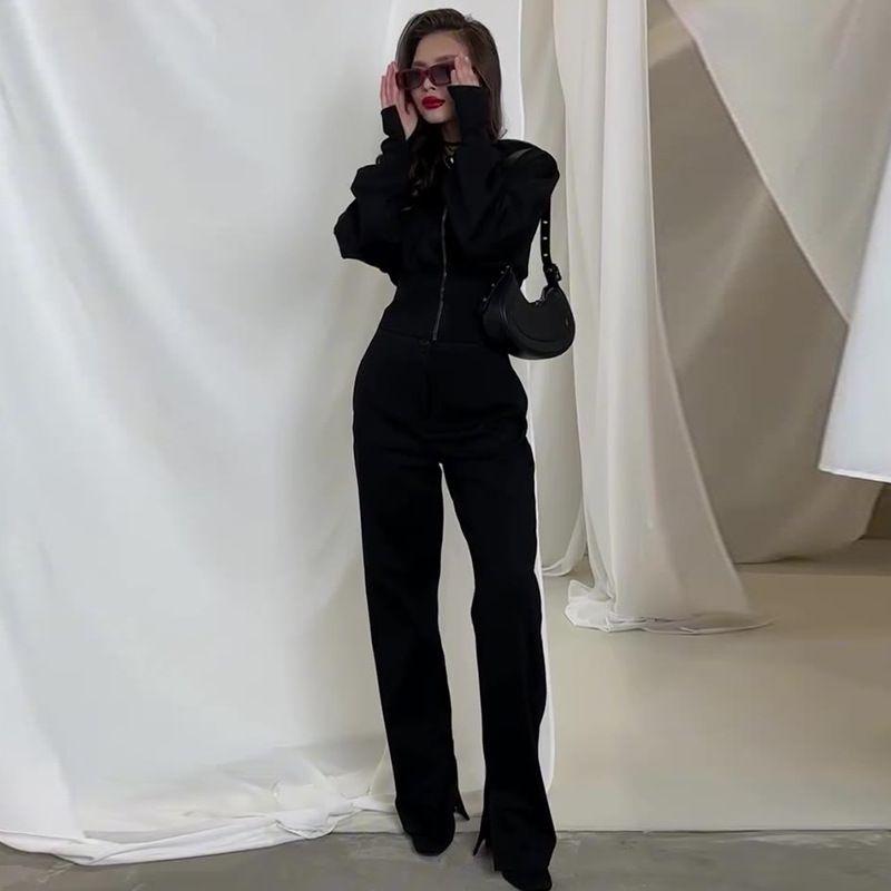 

European and American Solid Slim fit Top High Waist Straight Trousers Two-piece Set Leg Pants Two-Piece Set Black XXXL