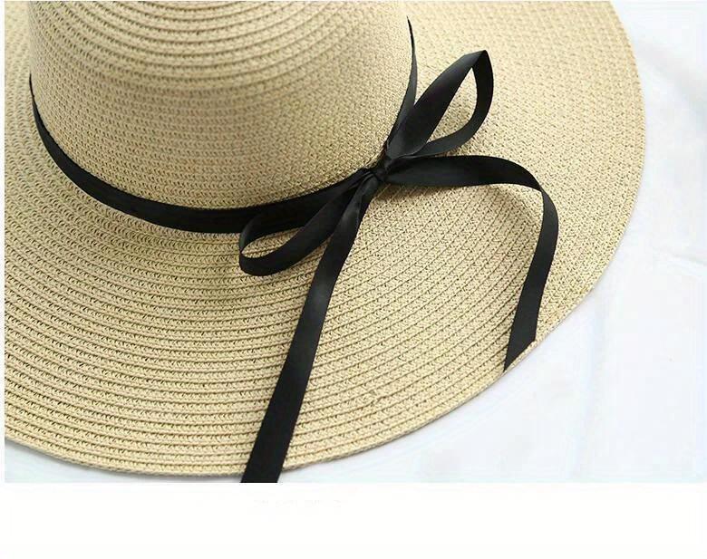 Large Eave Straw Hat for Woman Black Bow Tie Edge Sunscreen Foldable Beach Hat Outdoor Seaside Vacation Fashionable and Elegent