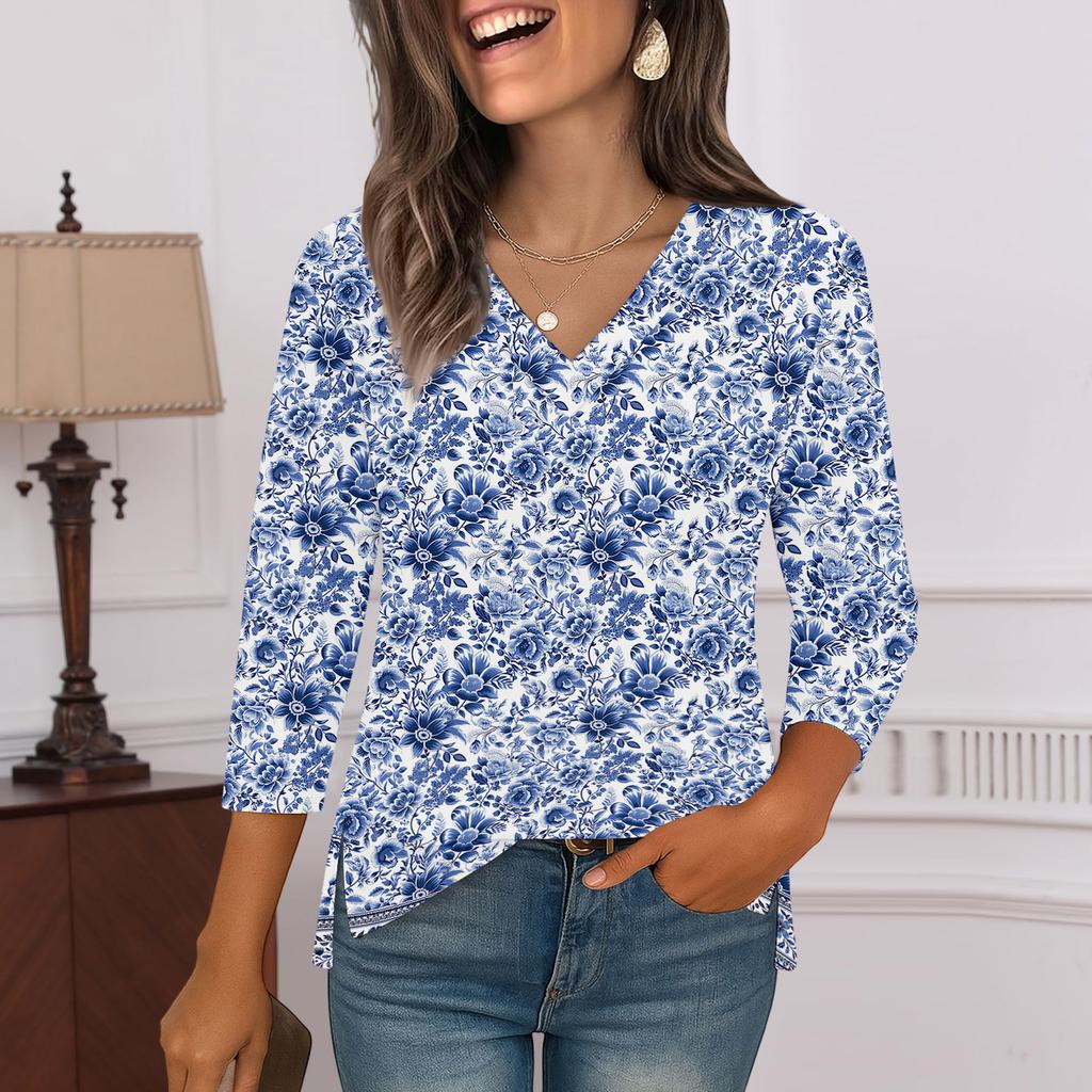 3/4 Sleeve Shirts For Women  Print Graphic Tees Blouses Casual Plus Size Basic Tops Pullover