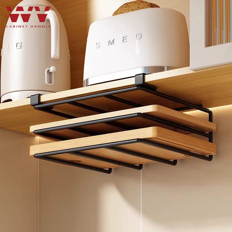 WV Kitchen Under Cupboard Hanging Organizer Rack with Hook Paper Towel Rags Hanger Cutting Board Pot Cover Holder Storage Shelf