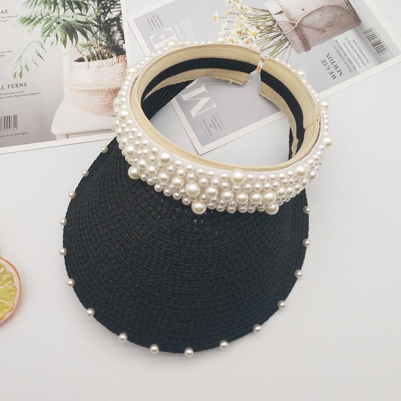 Straw hat spring and summer women's pearl fixed diamond empty top hat ins wind straw woven pearl strip big eaves sun protection monochrome sun hat