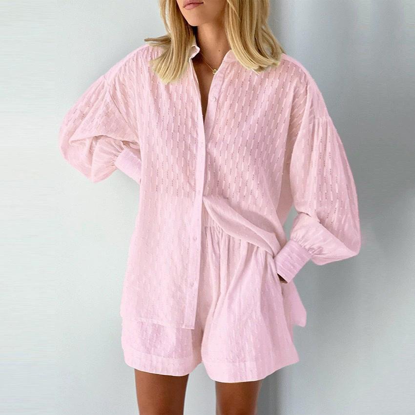 Casual Loose Women Short Two Piece Set Suit Fashion Blouse Long Sleeve Shirt Lady Simple Style Shorts Streetwear Blouse Tops