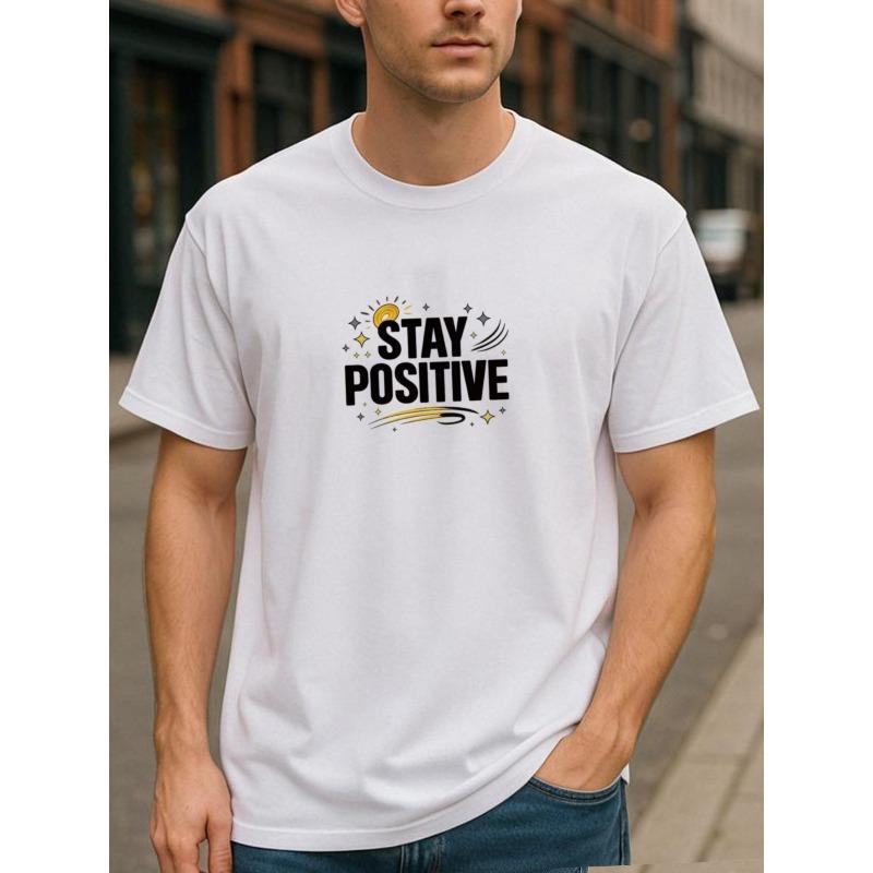 

European sizes STAY POSITIVE Positive Print | Casual Short-Sleeved T-shirt, Light Round-Neck, Four-Season Versatile Men S T-shirt 4XL білий