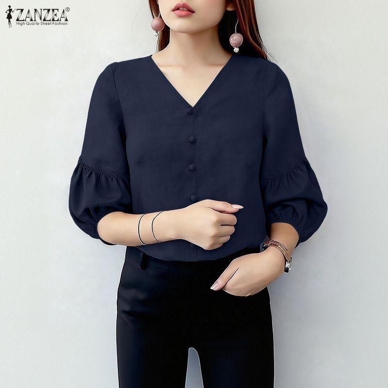 ZANZEA Women Casual V-Neck Solid Color 3/4 Sleeve Loose Blouse