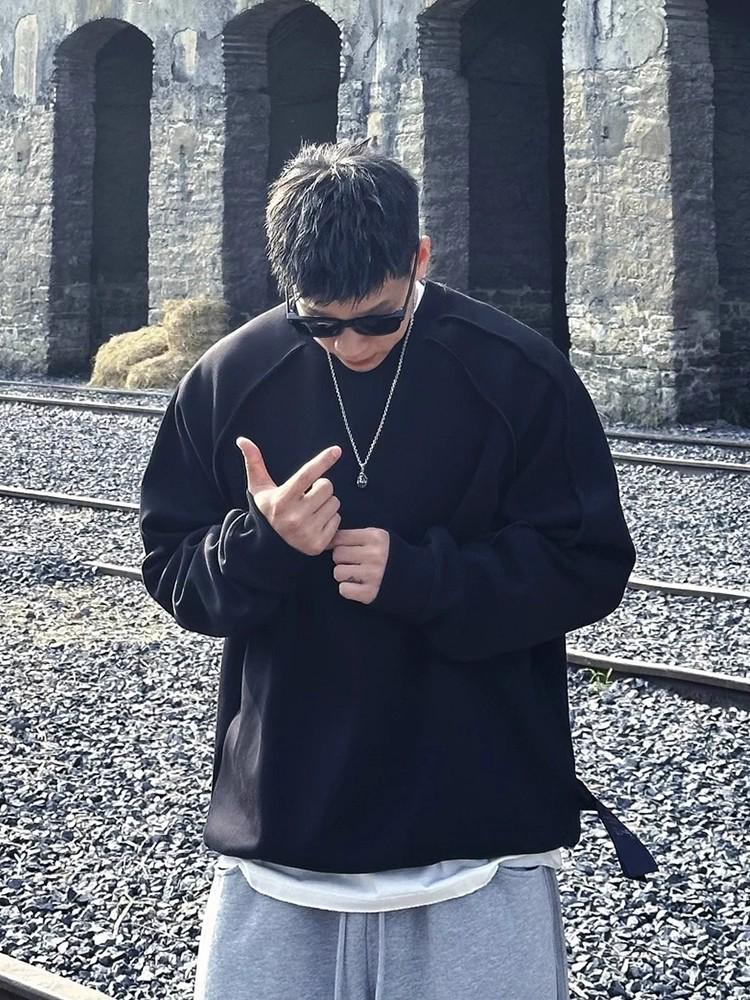 

Men s Trendy Retro Round Neck Sweatshirt - Loose Fit, Solid Color, Casual Long Sleeve Pullover M чорний