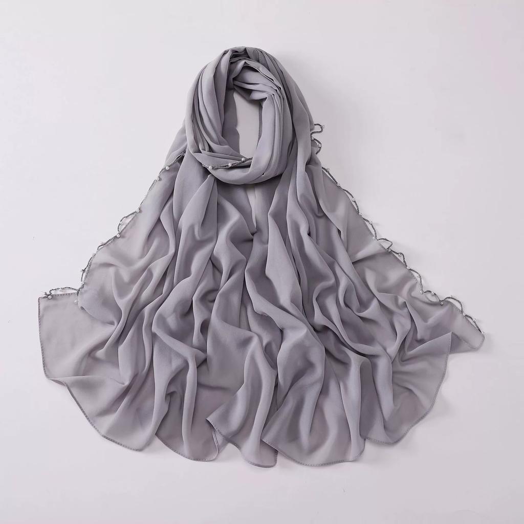 Fashion Chiffon Hijab With Chains And Beads Solid Muslim Headscarf With Rhinestones Wraps Long Shawls Islamic Headband Turban