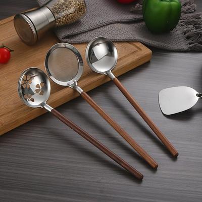 New Japanese Style Soup Spoon Long Wood Handle Portable Slotted Spoon Cooking Stainless Steel Skimmer
