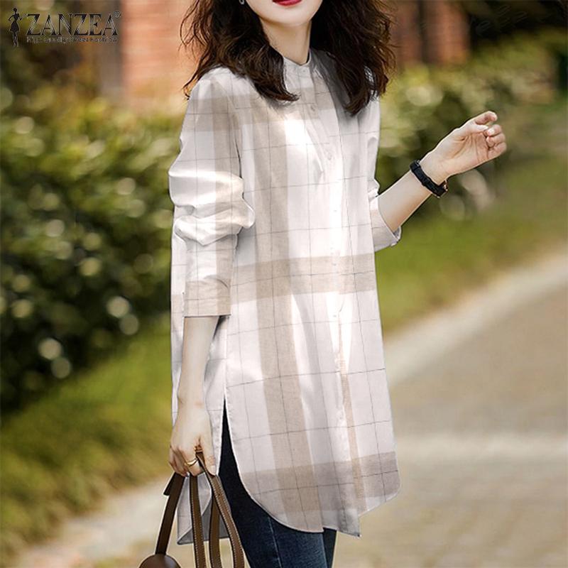 

ZANZEA Весенние повседневные женские клетчатые блузки с круглым вырезом и длинными рукавами, рубашки