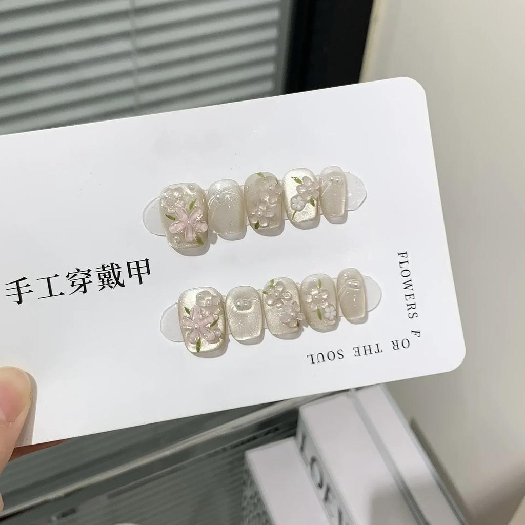 10Pcs Short Handmade Pink Press On Nails Spring French Rhinestone Full Cover Fake Nail Plaid Manicure Wearable Nail Tips Art