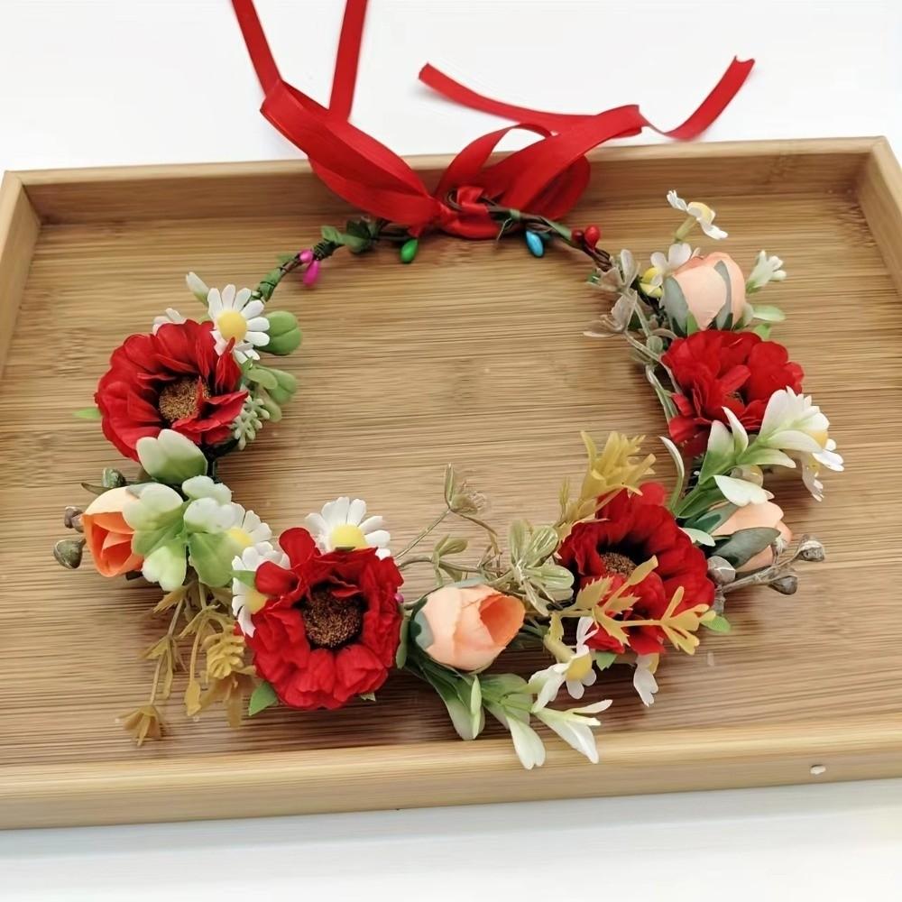 Vintage Forest Flower Wreath Flower Plastic Flower Leaf Headbands Adjustable Ribbon Hair Accessories Photoshoots Props