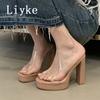 Fashion Liyke Sexy Thick Bottom Square Toe 12CM High Heels Platform Slippers Women Summer Party Prom Shoes PVC Transparent Sandal Female