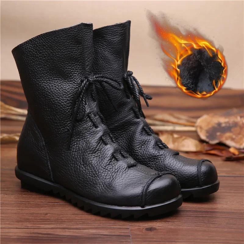  Women Boots Soft Leather Woman Short Retro Soft Leather Shoes Girls Flat Non-slip Short-tube Soft-soled Cotton Boots Shoe