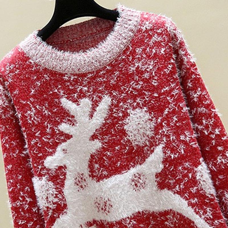 Women's Faux Mink Velvet Reindeer Christmas Sweater: European & American 2021 Autumn/Winter Round Neck Knitwear