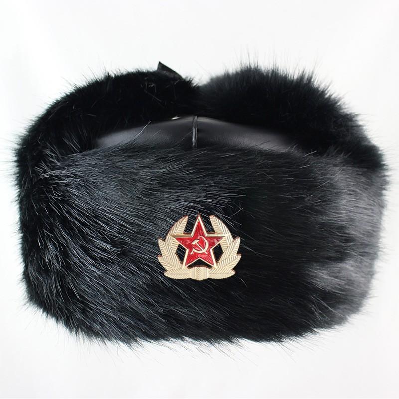 Winter Warm Faux Fur Trapper Hat With Soviet Emblem PU Leather Cap Men Women Skiing Snowboarding Cold Weather Protection