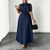 European and American large-size summer new temperament mesh splicing bow collar medium and long dress