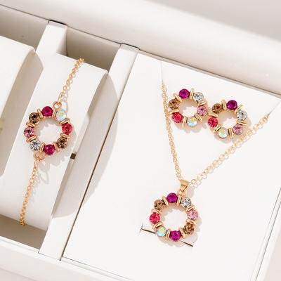 Sada 4 kusů dámských barevných zirkonových šperků s diamanty Módní a elegantní kruhový náhrdelník s výřezem, náušnice, sada náramků