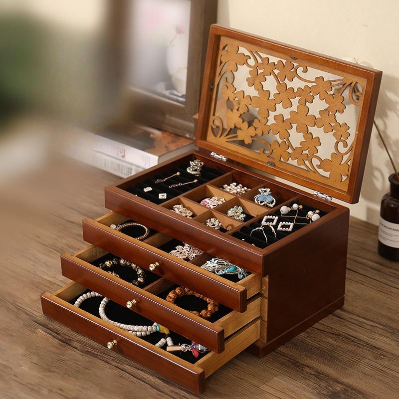 

Large Wooden Jewelry Box 4 Leaf Clover Cover Storage Box Drawer Ring Necklace Jewelry Boxes Organizer Case Earrings Display Tray