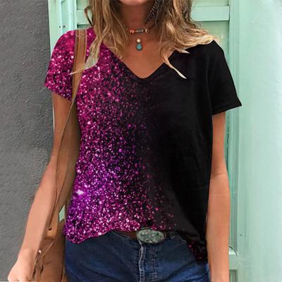 Summer V-neck Sequin Gradient 3D Printed Top  Fashionable Casual Short Sleeved Women's T-shirts