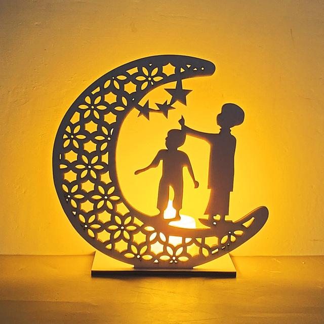 Wooden Moon Star Lights Eid Mubarak Gurbang Muslim Decoration for Home Eid Al Adha Lights