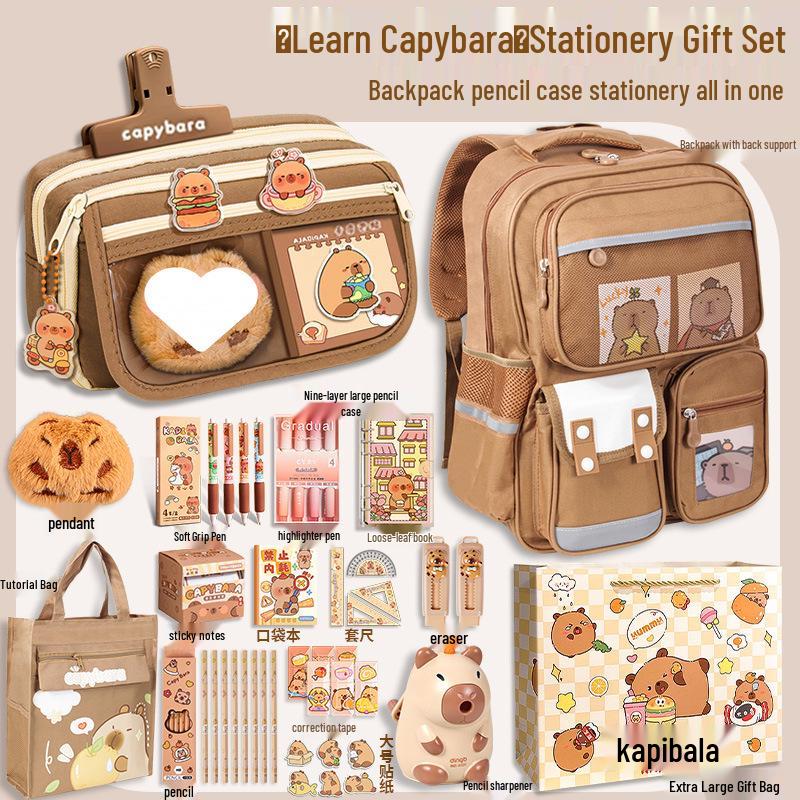 Capybara Backpack Stationery Set: Ergonomic Schoolbag Gift for Boys & Girls.