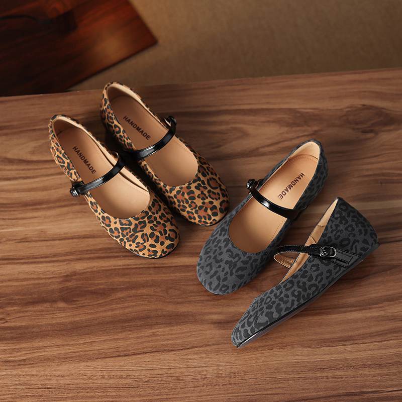 Krazing Pot Piele intoarsa Varf Rotund Marimea 42 Tocuri Joase Curele cu Catarama Imprimeuri Leopard Pompă de Toamnă Vintage cu Platformă