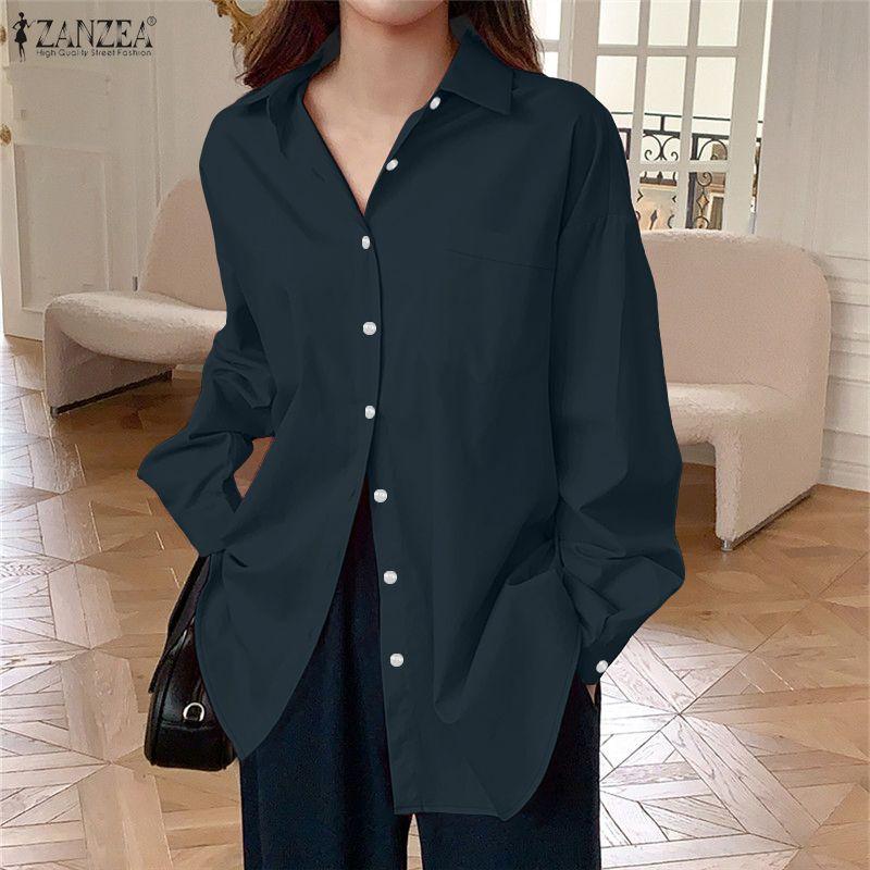 

ZANZEA Женская повседневная блузка с отложным воротником и длинными рукавами L тёмно-синий
