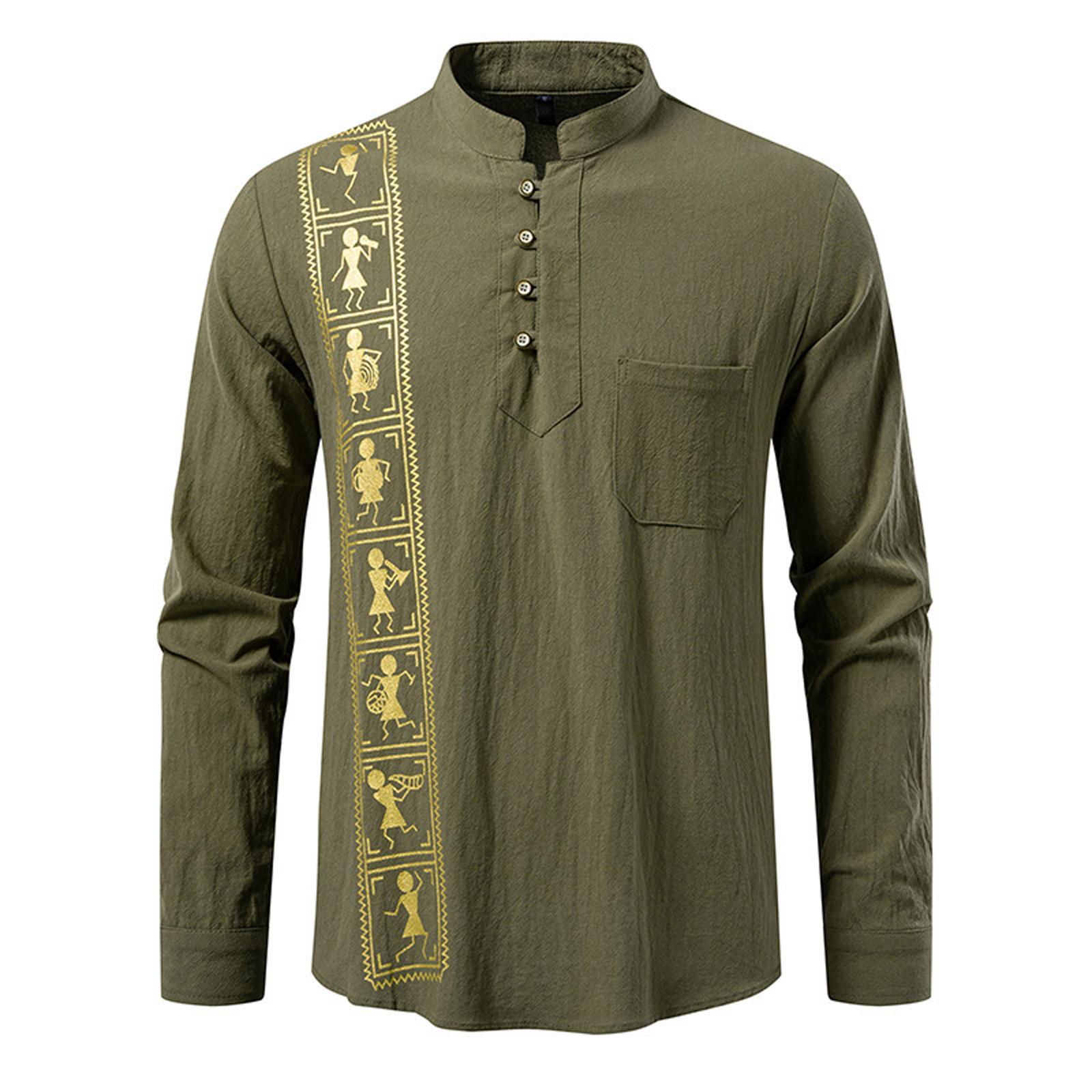 

Men s Standing Collar Cotton Long Sleeve Shirt With Print And Pockets L