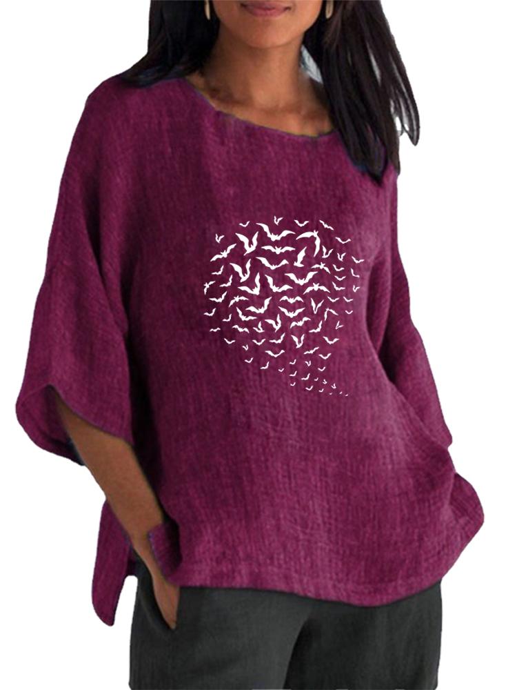 

Women Fashion Cotton Linen 3/4 Long Sleeve Top Spring&summer O Neck Print Shirt Ladies Pullover Loose Blouse 5XL