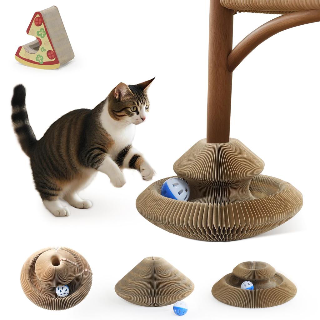 Kitty Kurlz Magic Organ Cat Scratch Board with Bell Foldable Accordion Design Cat Scratcher Toy for Indoor Accordion Cat Magic Organ Cat Beige Ball,