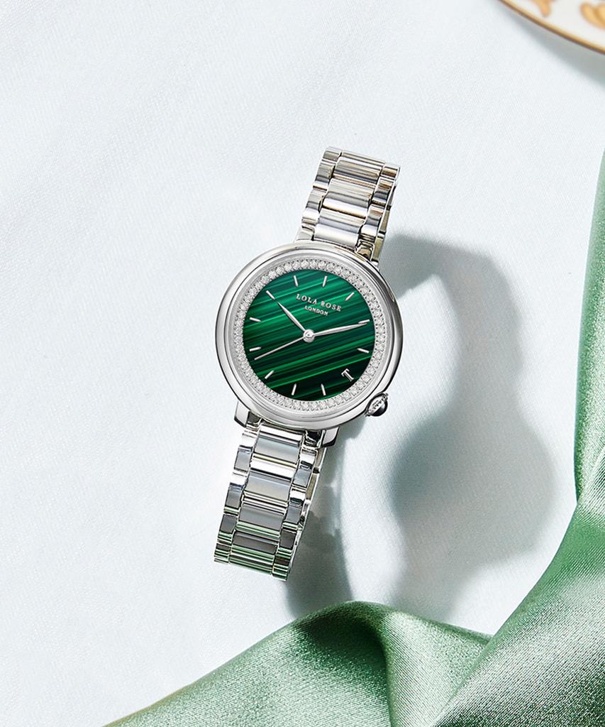 Lollalojeu Tea-Time Malachite Cubic Silver Women'S Metal Fashion Watch