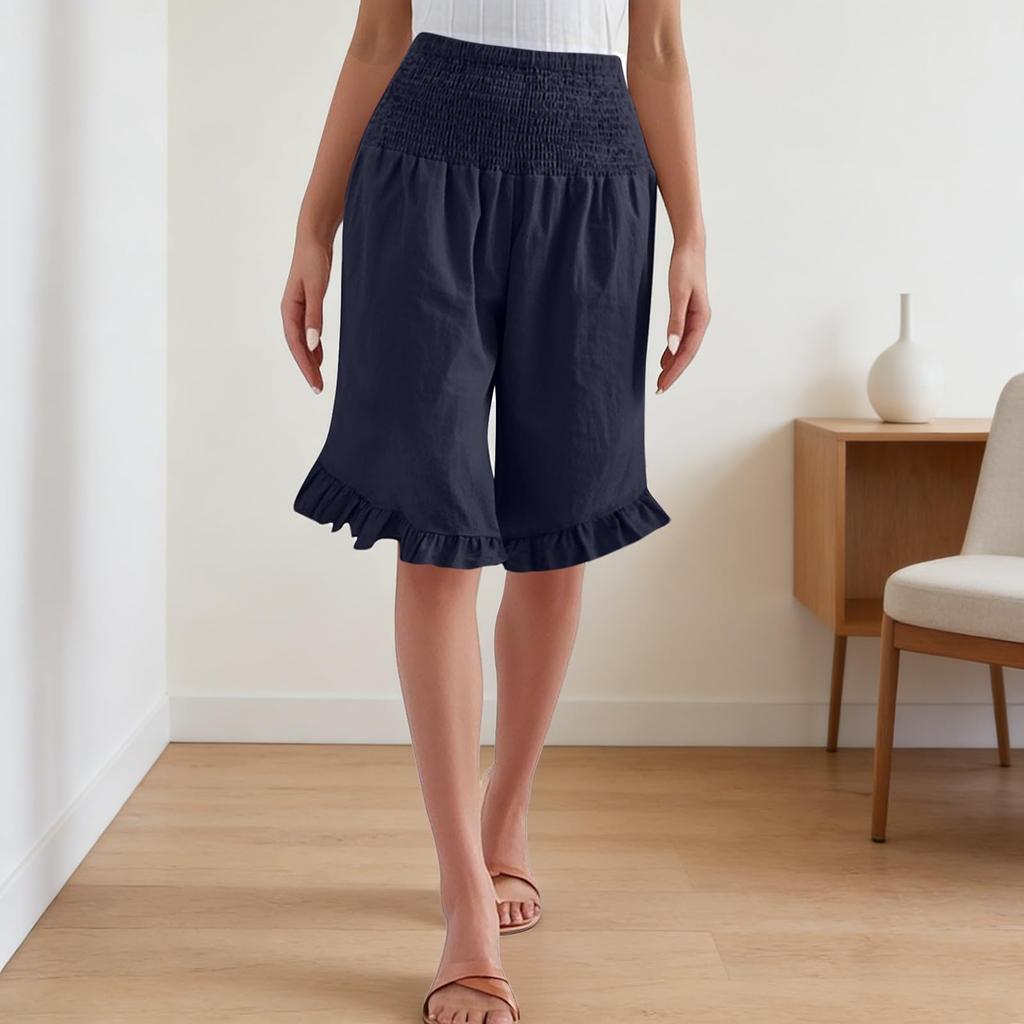 Damen Farbige Hohe Taille Plissierte Baumwolle Leinen Lockere Freizeitshorts