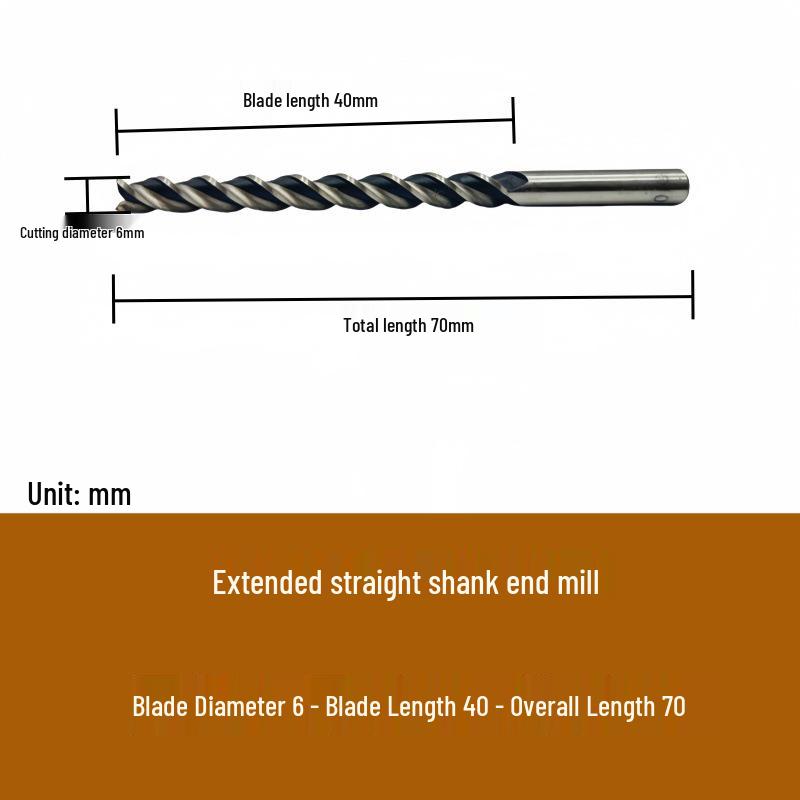 High-Speed Steel Extended Straight Shank Three-Flute End Mill, 2.5-10mm, White Steel