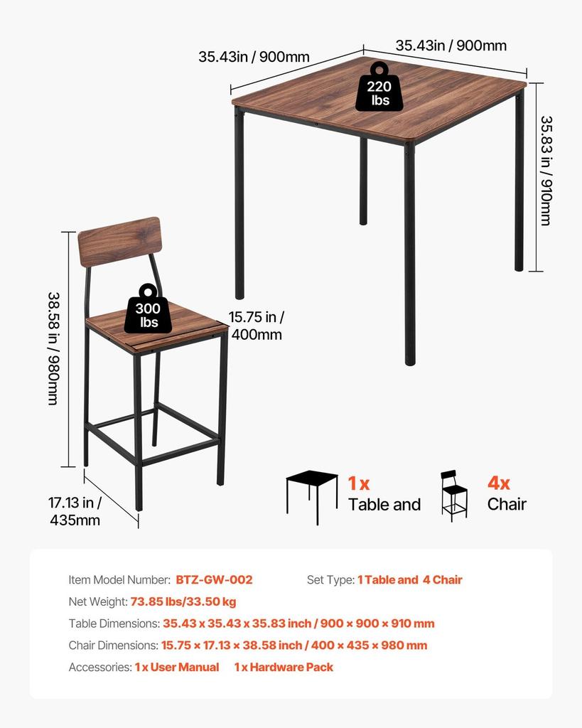 Bar Table, 5PCS 889mm Bars Tables Set, Bar Tables and Chair Set with Rounded Edge Design, Square Pub Table with Four Stools for Living Room, Dining