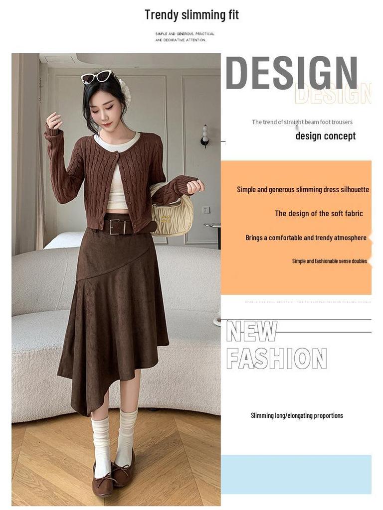 Elegant Suede Midi Skirt with Irregular Slit - Women's Autumn/Winter Fashion