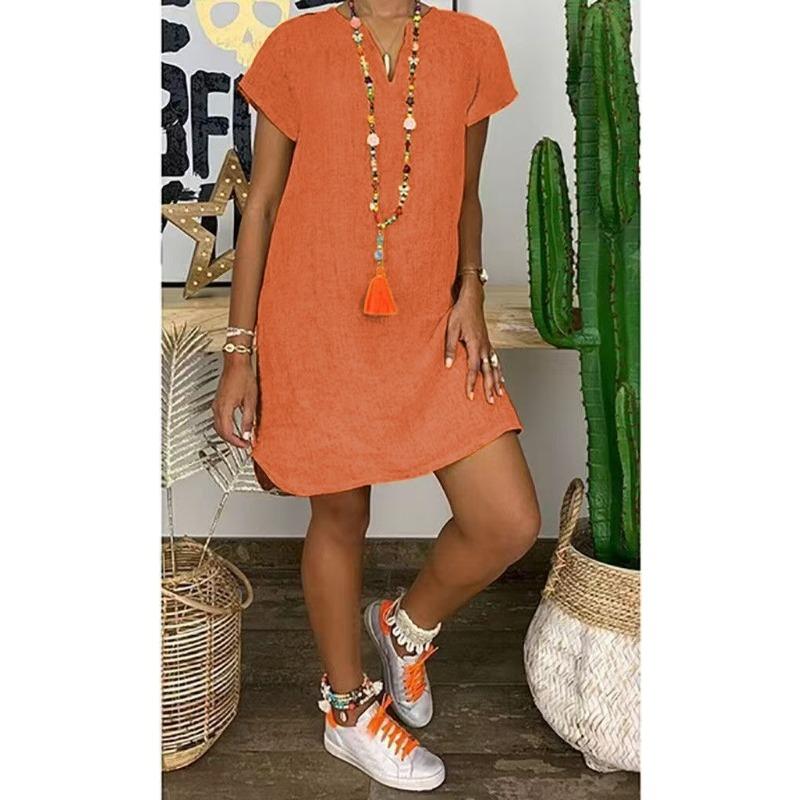 Summer Loose Short Sleeve V-neck Short Dress Women Plus Size Fashion Elegant Thin Party Casual A-line Dress Female Simple Solid Color Women's Clothing