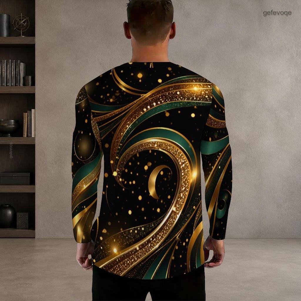 Men s Plus Size Round Neck Long Sleeve Black Golden Printed Straight Hem Pullover T Shirt