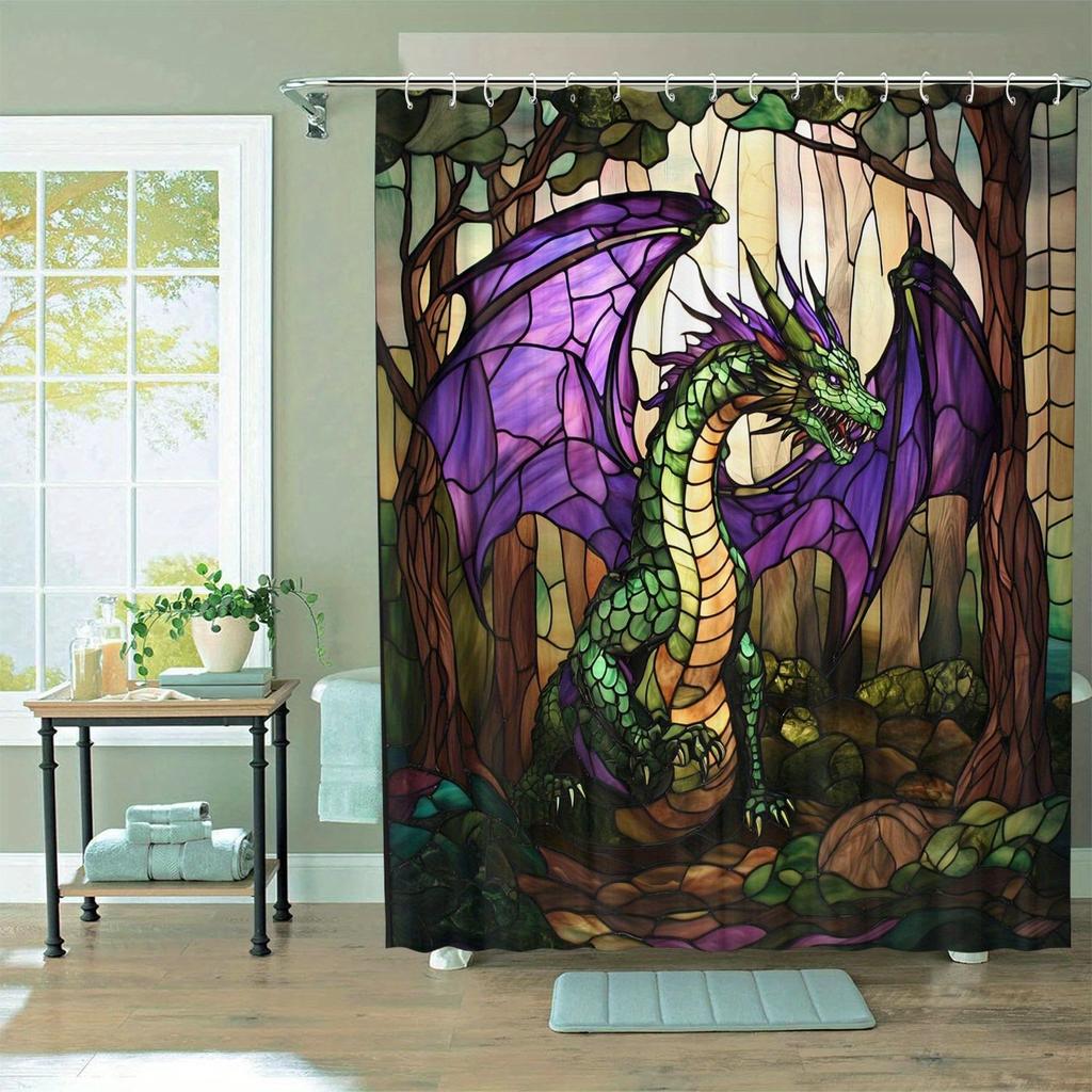 Lila geflügelter Drache Thema Duschvorhang Wasserdicht Geeignet für Zimmer Haus Hotel Maschinenwaschbar Vorhang Wasserdicht Badezimmer