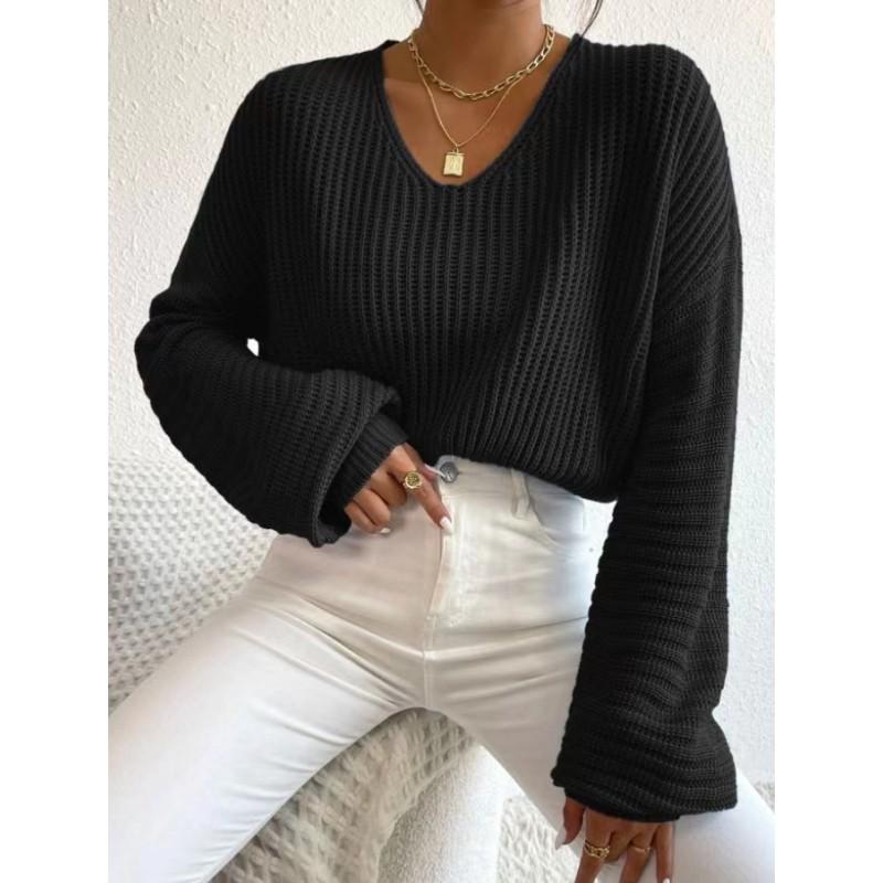 Womens V-Neck Lantern Sleeve Knit Sweater Pure Color Batwing Fit 2025 Lightweight Casual Top