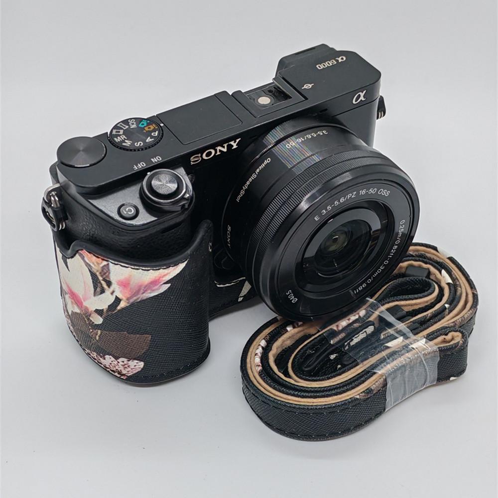 Flower PU Leather Camera Case Bag for Sony A6300 A6400 A6000 A6100 16-50mm Lens Full Body Cover With Strap