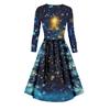 Damen-Swing-Kleid mit Weihnachtsbaum- und Schneeflocken-Print, V-Ausschnitt, schmale Passform, langärmelig