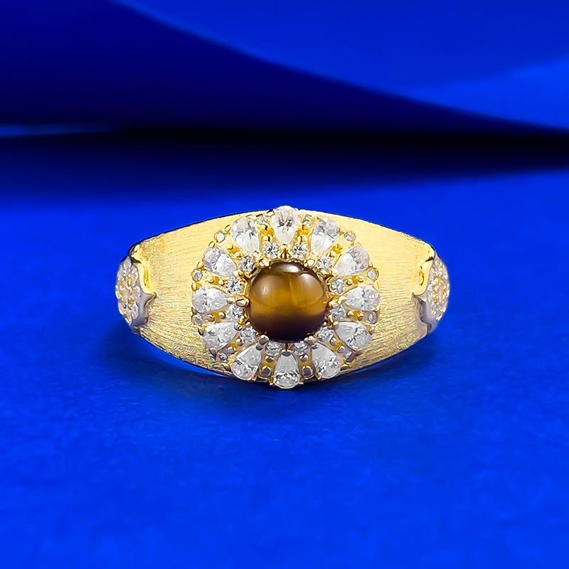 Xiancan Vintage Style 5.0mm Tiger Eye Ring in Gold-Plated S925 Sterling Silver Size 6
