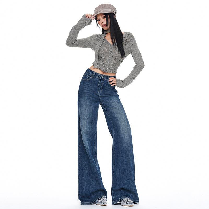 American retro blue non-stick leg slightly pulled jeans women's autumn new high-waisted loose wide-leg flared pants